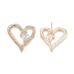 Clear Cubic Zirconia Heart Stud Earrings, Brass Jewelry for Women, Cadmium Free & Nickel Free & Lead Free, Real 18K Gold Plated, 19.5x20mm, Pin: 0.7mm(EJEW-N012-51LG-A)