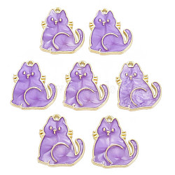 Alloy Enamel Pendants, Light Gold, Cadmium Free & Nickel Free & Lead Free, Cat, Medium Purple, 21x18.5x2mm, Hole: 1.4mm(ENAM-N055-035B-NR)