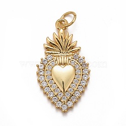 Rack Plating Brass Micro Pave Clear Cubic Zirconia Pendants, Cadmium Free & Nickel Free & Lead Free, Long-Lasting Plated, with Jump Ring, Sacred Heart, Real 18K Gold Plated, 25.5x14.5x3mm, Jump Ring: 5x0.5mm, Inner Diameter: 3.5mm(KK-M229-38G)