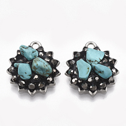 Alloy Pendants, with Synthetic Turquoise and Rhinestone, Enamel, Flower, Black, Platinum, Jet Hematite, 21x19x7~8mm, Hole: 1.8mm(RB-S057-18)