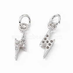 Brass Micro Pave Cubic Zirconia Charms, with Jump Ring, Lightning Bolt Charm, Platinum, 14.5x5x2.5mm, Hole: 3mm(KK-E068-VB223)