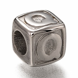 Tarnish Resistant 304 Stainless Steel European Beads, Large Hole Beads, Horizontal Hole, Cube with Letter, Stainless Steel Color, Letter.Q, 8x8x8mm, Hole: 4.5mm(OPDL-L020-001Q)