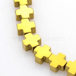 Electroplate Non-magnetic Synthetic Hematite Beads Strands, Cross, Golden Plated, 4x4x2mm, Hole: 0.5mm, about 94pcs/strand, 15.7 inch(G-J211-02)