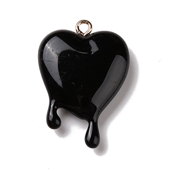 Opaque Resin Pendants, with Light Gold Plated Iron Loops, Melting Heart Charm, Black, 30x21x6.5mm, Hole: 2mm
