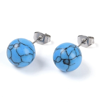 Synthetic Turquoise Stud Earrings, with 304 Stainless Steel Findings, Round, 22x10mm