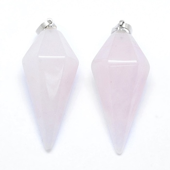Natural Rose Quartz Pointed Pendants, with Brass Findings, Bullet, Platinum, 38.5x16x14.5mm, Hole: 5x8mm
