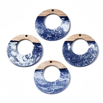 Opaque Resin & Walnut Wood Pendants, Two Tone, Donut, Blue, 38x3mm, Hole: 2mm