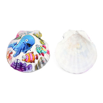 Printed Natural Freshwater Shell Big Pendants, Shell Charm, Colorful, Sea Animals, 55~75x52~70x6~8mm, Hole: 1.4mm