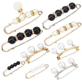 Gorgecraft 9Pcs 9 Styles Alloy Rhinestone Safety Brooches, with Plastic Imitation Pearl Round Beads, Mixed Color, 1pc/style