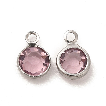 304 Stainless Steel with Glass Charms, Stainless Steel Color, Faceted Flat Round, Flamingo, 9.5x6.5x2mm, Hole: 1.5mm
