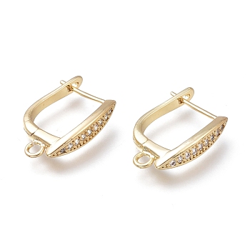 Brass Hoop Earring Findings with Latch Back Closure, Long-Lasting Plated, with Micro Pave Clear Cubic Zirconia, Real 14K Gold Plated, 17.5x11.7x3.5mm, Hole: 1.8mm, Pin: 0.7mm