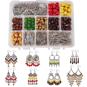 SUNNYCLUE DIY Earring Making, with Tibetan Style Alloy Chandelier Components, Natural Wood Beads, Tibetan Style Pendants, Brass Earring Hooks and 304 Stainless Steel Jump Rings, Mixed Color, 14x10.8x3cm
