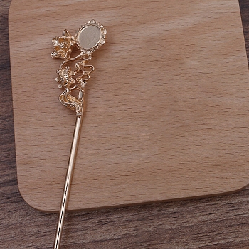 Iron Hair Stick Findings, with Alloy Cabochons Setting, Flower with Fish, Light Gold, 120x2mm, Tray: 10mm