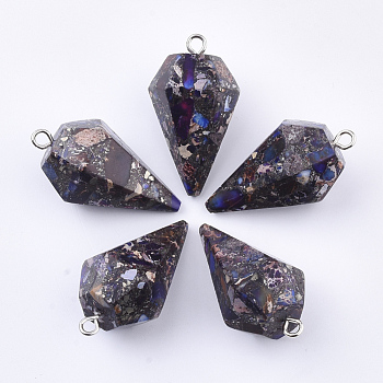 Synthetic Gold Line Regalite/Imperial Jasper/Sea Sediment Jasper Pointed Pendants, with Platinum Plated Iron Findings, Dyed, Cone Pendulum, Purple, 43~44x23.5x20~21.5mm, Hole: 3mm