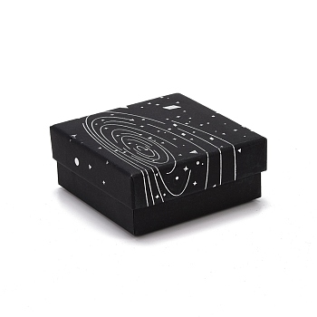 Cardboard Jewelry Boxes, with Black Sponge Mat, for Jewelry Gift Packaging, Square with Galaxy Pattern, Black, 7.25x7.25x3.15cm