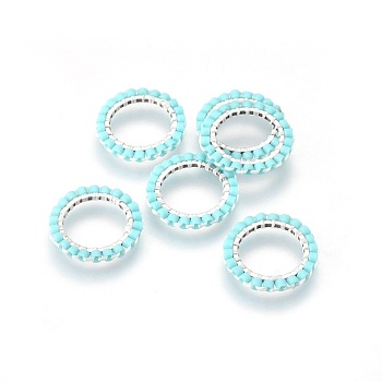 MIYUKI & TOHO Handmade Japanese Seed Beads, with 304 Stainless Steel Link Rings, Loom Pattern, Ring, Silver, Pale Turquoise, 14.5~15x1.7mm
