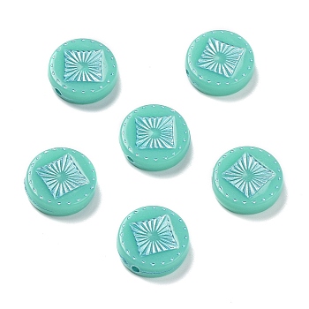 Opaque Acrylic Beads, Metal Enlaced, Flat Round with Rhombus Pattern, Turquoise, 15~15.5x4.5~5mm, Hole: 1.8mm, about 606pcs/500g