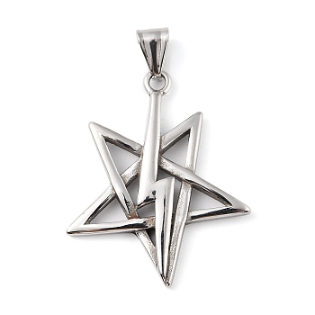 304 Stainless Steel Pendants, with 201 Stainless Steel Snap on Bails, Star with Lightning Bolt Charm, Antique Silver, 42x35.5x4mm, Hole: 8x4mm