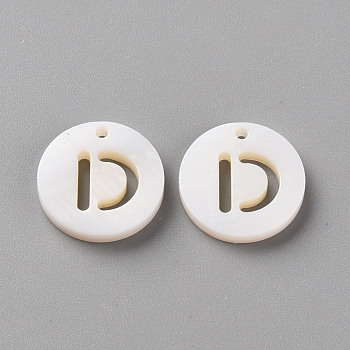 Natural Freshwater Shell Pendants, Flat Round with Letter, Letter.D, 12x1.5mm, Hole: 1mm