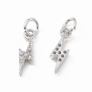 Brass Micro Pave Cubic Zirconia Charms, with Jump Ring, Lightning Bolt Charm, Platinum, 14.5x5x2.5mm, Hole: 3mm