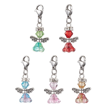 Angel Glass Pendant Decorations, Stainless Steel Lobster Claw Clasps Charms for Bag Key Chain Ornaments, Mixed Color, 33mm, Flower: 20.5x14x9mm, about 5pcs/Set