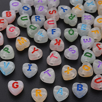 Luminous Acrylic Beads, Horizontal Hole, Heart with Random Letters, Mixed Color, 7x7x4mm, Hole: 1.6mm, about 3600pcs/500g