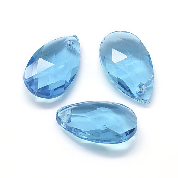 Faceted Glass Pendants, teardrop, Sky Blue, 22x13x8.5mm, Hole: 1mm