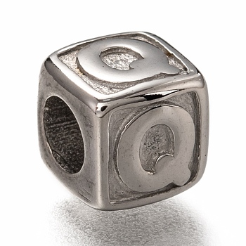 304 Stainless Steel European Beads, Large Hole Beads, Horizontal Hole, Cube with Letter, Stainless Steel Color, Letter.Q, 8x8x8mm, Hole: 4.5mm