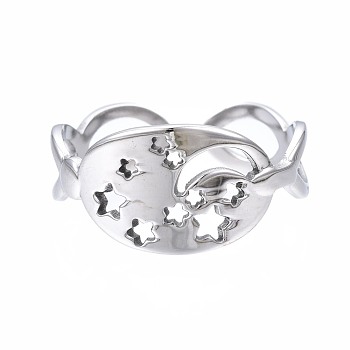 304 Stainless Steel Moon and Star Open Cuff Ring, Chunky Ring for Women, Stainless Steel Color, US Size 6 3/4(17.1mm)