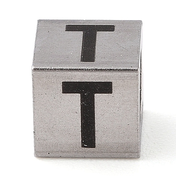 Tarnish Resistant 201 Stainless Steel European Beads, Large Hole Beads, Cube with English Letter, Stainless Steel Color, Letter T, 7x7x7mm, Hole: 5mm