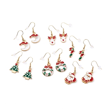 Christmas Theme Alloy Enamel Dangle Earrings Sets, with Brass Earring Hooks and Plastic Ear Nuts, Christmas Tree/Moon/Reindeer/Santa Claus/Wreath/Candy Cane, Golden, Mixed Color, 37~40mm, Pin: 0.8mm, 6 pairs/set