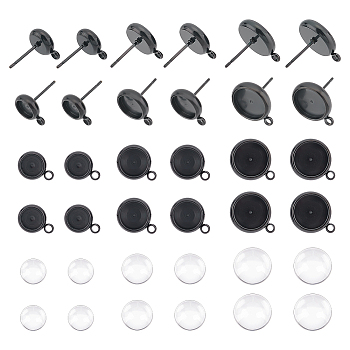 DIY Blank Dome Stud Earring Making Kit, Including 304 Stainless Steel Flat Round Stud Earring Settings with Loop, Glass Cabochons, Electrophoresis Black, 66Pcs/box