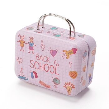 Portable Tinplate Boxes, Storage Container, Hinged Tin Boxes with Lid and Handles, Word Back School, Pink, 7.6x5.8x3.7cm
