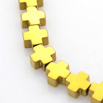 Electroplate Non-magnetic Synthetic Hematite Beads Strands, Cross, Golden Plated, 4x4x2mm, Hole: 0.5mm, about 94pcs/strand, 15.7 inch