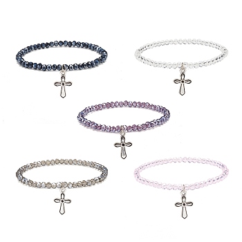 Glass Round Beaded Stretch Bracelet with Alloy Cross Charm for Women, Mixed Color, Inner Diameter: 2-1/4~2-3/8 inch(5.6~6cm)