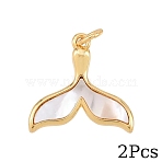 2Pcs Natural White Shell Pendants, with Brass Settings, Real 18K Gold Plated, with Jump Rings, Long-Lasting Plated, Lead Free & Cadmium Free, Rack Plating, White, Whale Tail, 17x17.5x2mm, Hole: 3mm(KK-YW0003-76C)