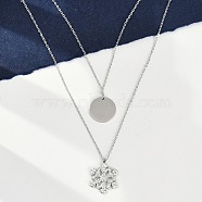 304 Stainless Steel Double Layered Necklaces, Polymer Clay Rhinestone Snowflake & Disc Pendant Necklaces for Women, Stainless Steel Color, Crystal, 16.34 inch(41.5cm)(NJEW-P320-14G-02)