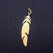 201 Stainless Steel Pendants, Stamping Blank Charms, with Unsoldered Jump Rings, Feather, Golden, 26x6x1mm, Hole: 3mm, Jump Ring: 5x0.8mm(STAS-T046-JA345-2)