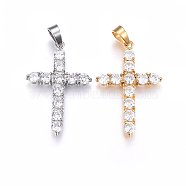 304 Stainless Steel Pendants, with Cubic Zirconia and Snap on Bails, Cross, Clear, Mixed Color, 37.5x25x3.5mm, Hole: 5x7mm(STAS-E439-88)