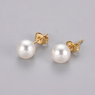 Plastic Imitation Pearl Stud Earrings, with 304 Stainless Steel Pins and Ear Nuts, Round Ball, Golden, 8mm, Pin: 0.6mm, 6pairs/card(STAS-D0001-03-G)