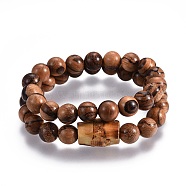 Couples Wood Beads Stretch Bracelets, with Natural Bodhi Beads, 2-1/8 inch~2-1/4 inch(5.3~5.7cm), 2pc/set(BJEW-JB04121)