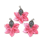 Natural White Shell Dyed Big Pendants, Flower Charms with Iron Polymer Clay Rhinestone Findings, Camellia, 55x44x7.5mm, Hole: 6x4.5mm(BSHE-C004-04)