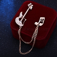 Guitar Musical Note Alloy Crystal Rhinestone Hanging Chain Brooch, Golden, 140x50x20mm(PW-WG75C60-01)