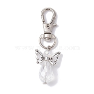 Angel Glass Beads Pendants Decorations, with Alloy Swivel Lobster Claw Clasps, Clear, 57mm(HJEW-JM01319-01)