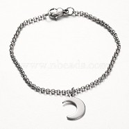 Moon Stainless Steel Charm Bracelets, with Rolo Chains and Lobster Claw Clasps, Stainless Steel Color, 7-1/4 inch(185mm)(BJEW-JB01946-01)