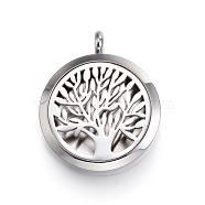 316 Surgical Stainless Steel Diffuser Locket Pendants, with Perfume Pad and Magnetic Clasps, Flat Round with Tree of Life, Stainless Steel Color, 36.5~37x30x6~6.5mm, Hole: 5mm, inner diameter: 23mm, 12Color/Set(STAS-H342-89P)