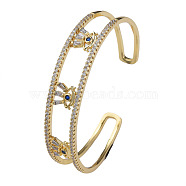 Cubic Zirconia Evil Eye Open Cuff Bangle, Real 18K Gold Plated Brass Jewelry for Women, Blue, Inner Diameter: 2-3/8 inch(5.9cm)(BJEW-N012-038)