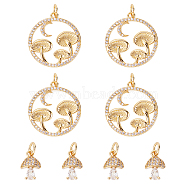 8Pcs 2 Style Autumn Theme Brass Micro Pave Clear Cubic Zirconia Pendants, with Jump Rings, Long-Lasting Plated, Flat Round and Mushroom, Real 18K Gold Plated, 11~21x7.5~19x3~4mm, Hole: 3~3.5mm, 4pcs/style(ZIRC-SC0001-26)