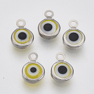 Handmade Lampwork Charms, with 304 Stainless Steel Findings, Flat Round with Evil Eye, Yellow, 9.5x6.5x2.5mm, Hole: 1.5mm(STAS-T041-01-08)