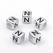 Plated Acrylic Beads, Horizontal Hole, Cube with Letter, Antique Silver, Letter.N, 6mm, Hole: 3mm, about 3000pcs/500g(PB43C9308-N)